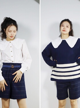 丹麦设计师g@n 米米的大领子 娃娃领棉白色百搭修身短款长袖衬衫