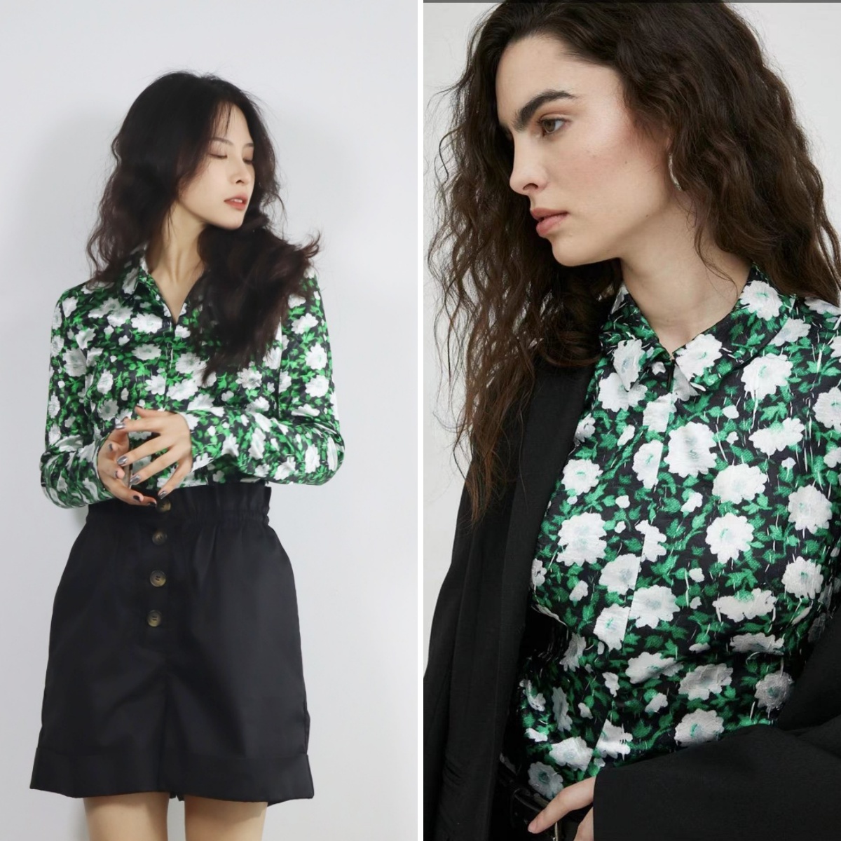 【特】丹麦ss法式设计碎花衬衫女polo领运动修身套头长袖印花衬衣