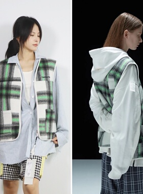 【特】国潮IN货 与春光同行 明星同款绿色格纹毛呢宽松轮廓马甲