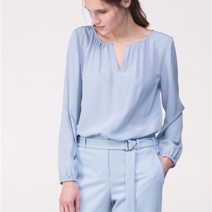 【清仓无退换】德国高端LR299.9欧元 褶皱圆领长袖双绉真丝衬衫