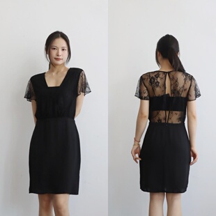 法国sr 极简高级感黑色蕾丝拼接露背连衣裙V领收腰A字显瘦中长裙