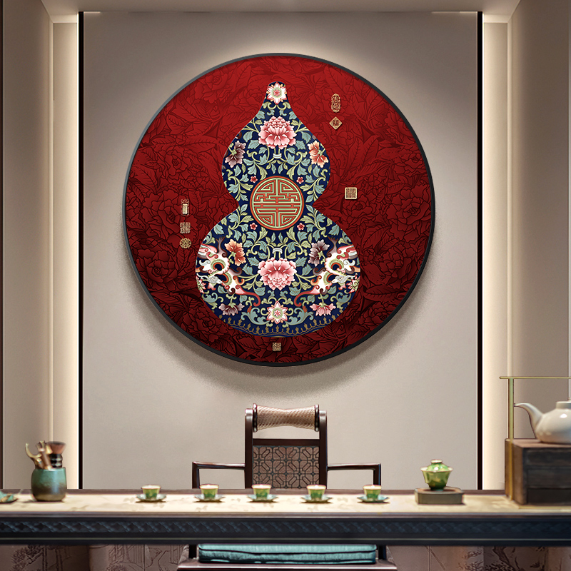 葫芦玄关画装饰画新中式红色喜庆圆形挂画大气花卉画走廊过道壁画图片