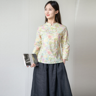 女装 凤凰记原创中式 文艺复古手工盘扣全棉印花旗袍上衣女 芳菲