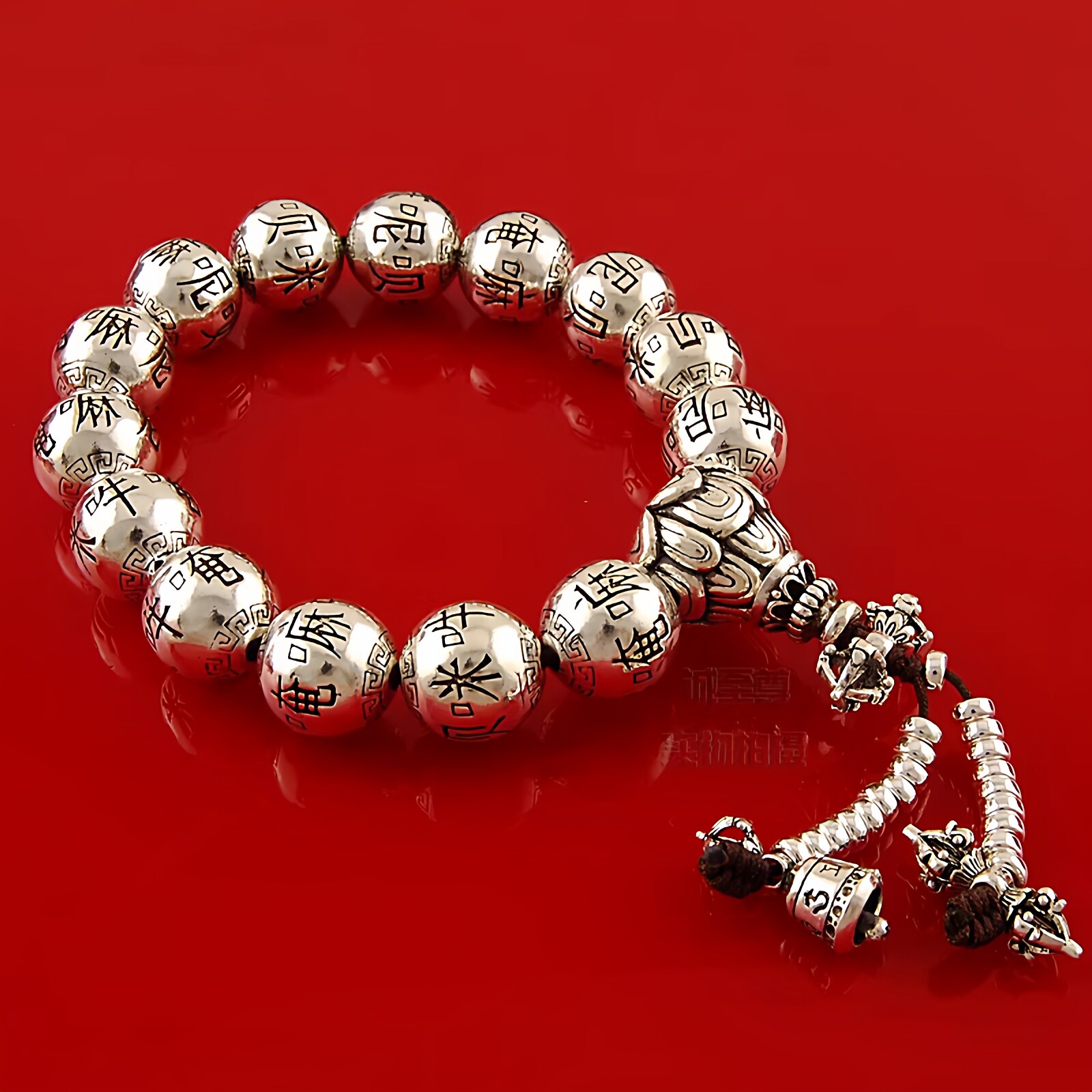 嗡嘛呢叭咪吽六字真言纯银珠手链念珠男手串饰品包邮