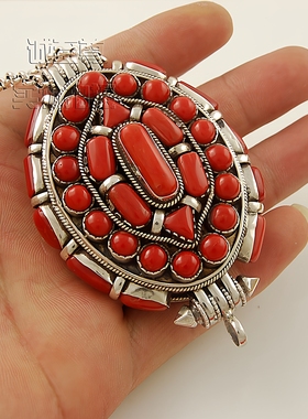 纯手工镶宝石纯银嘎乌盒吊坠