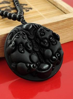 天然黑曜石双貔貅吊坠