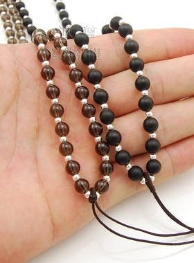 烟晶茶晶黑玛瑙圆珠链磨砂工艺吊坠配链项链纯银配件DIY饰品包邮