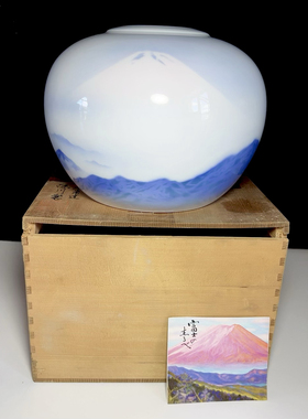 日本回流深川制官窑染付富士山花瓶 花瓶轻微瑕疵 木盒瑕疵