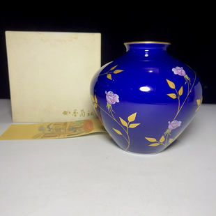 日本回流香兰社蓝釉玫瑰金叶描金花瓶摆件