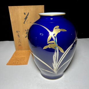 日本回流香兰社帝王蓝釉描金花瓶摆件