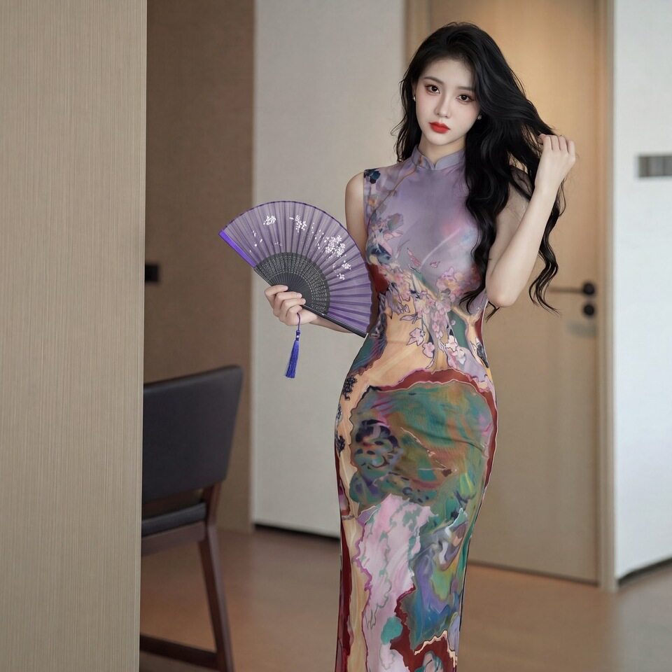 三彩”新中式前后两穿撞色印花旗袍连衣裙复古立领修身型气质无袖