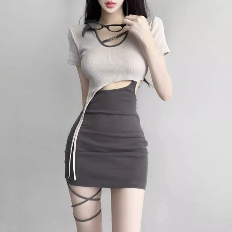 拼接撞色小妈包臀裙紧身性感纯欲显身材蹦迪穿搭辣妹短裙连衣裙夏