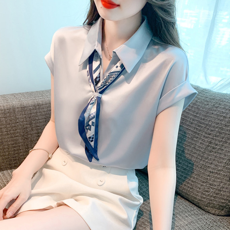 缎面高档雪纺上衣女装夏季2026年新款法式气质职业轻熟风短袖衬衫