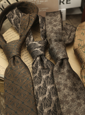 复古花纹咖色领带男女8CM正装职业商务休闲百搭英伦暗红手打条纹