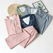 家居服套装 春秋季 日系格子水洗棉布夏季 长袖 薄 纯棉情侣睡衣女男士