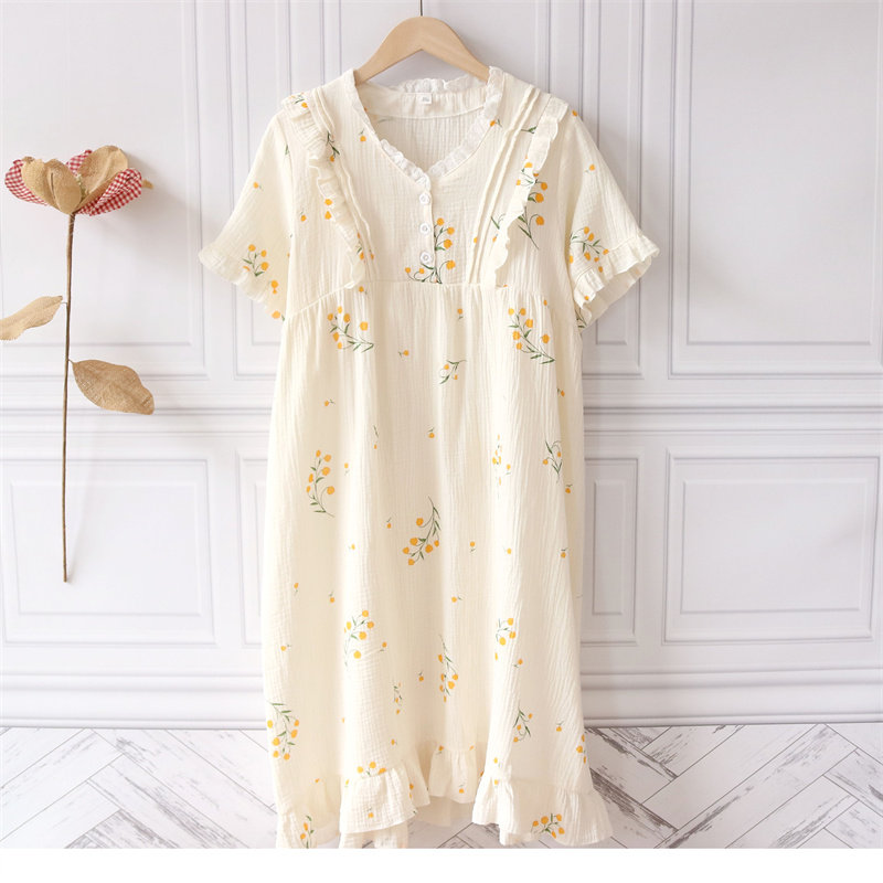夏季凉爽睡裙女纯棉双层棉纱布甜美蕾丝花边短袖家居裙睡衣可外穿