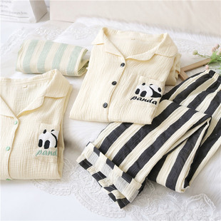 女春秋季 熊猫情侣款 套装 长裤 纯棉家居服套装 男开衫 棉纱布长袖 薄款