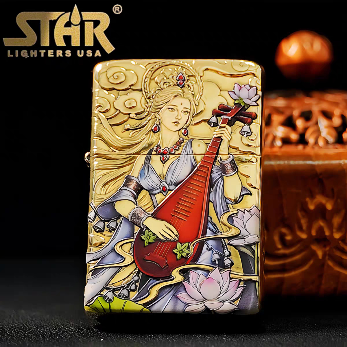 STAR恒星905黄铜浮雕钛彩琵琶女煤油打火机 黄铜煤油机送男友