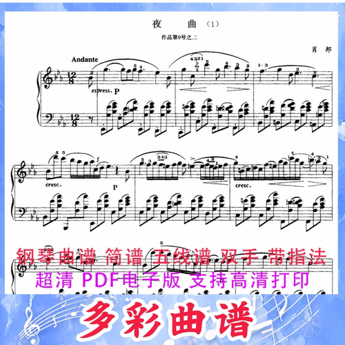 03059夜曲（肖邦作品第9号之二） 钢琴曲五线谱双手带指法3页外国