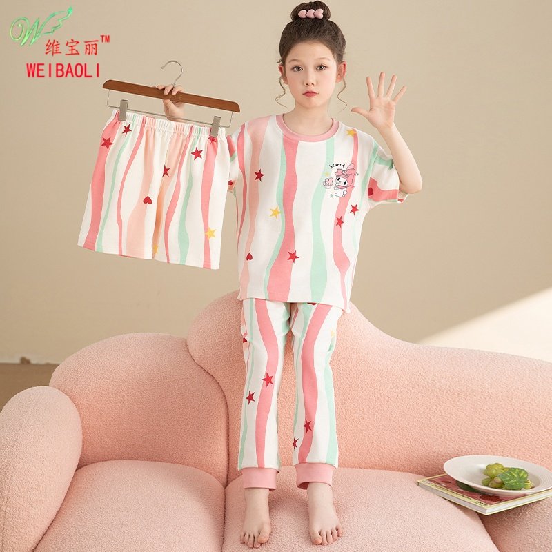 儿童睡衣女童夏季薄款短袖纯棉三件套空调服卡通可外穿套装家居服