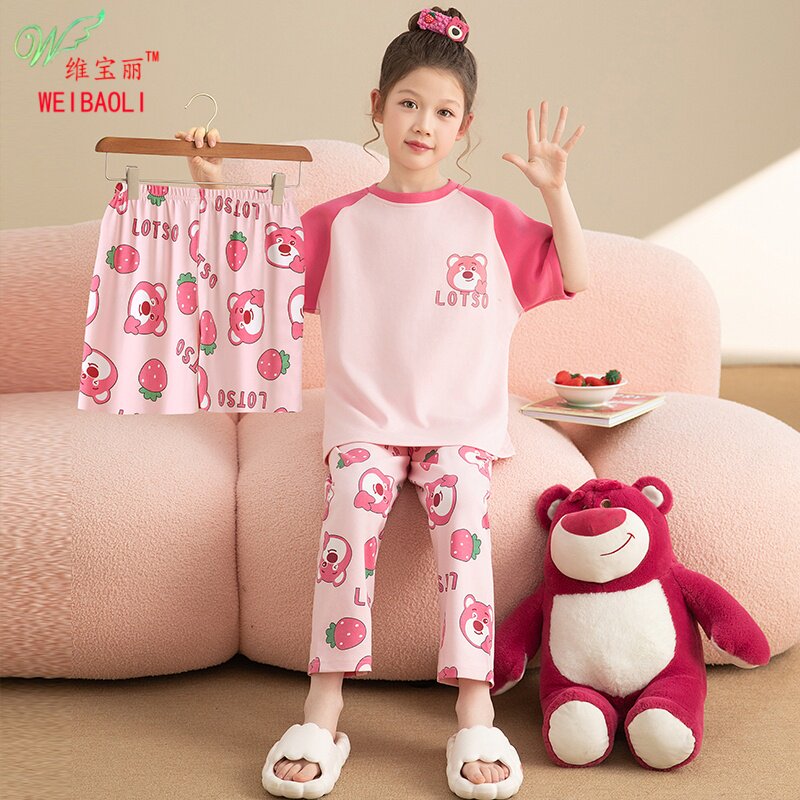 儿童睡衣女童夏季薄款短袖纯棉三件套空调服卡通可外穿套装家居服