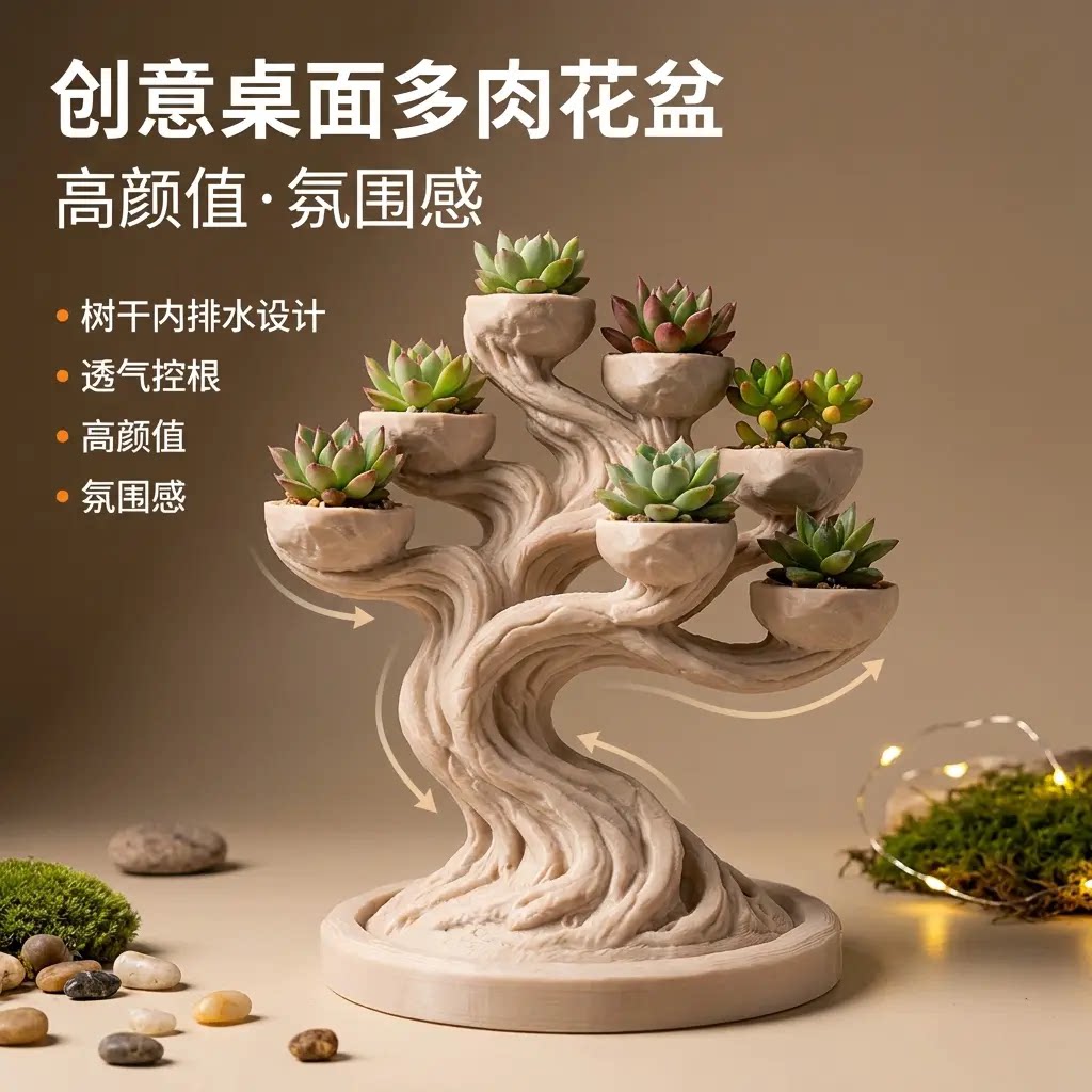 多肉花盆栽景桌面收纳现代3d打印客厅办公室乔迁生日时尚伴手礼物