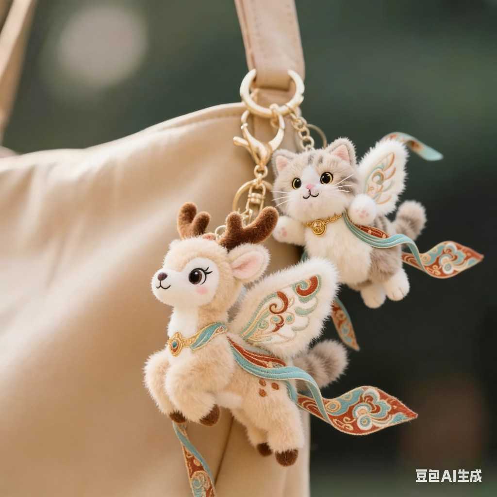 敦煌飞天猫九色鹿绣云纹毛绒玩具公仔包包挂件玩偶钥匙扣毛绒玩具