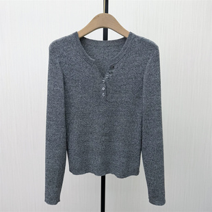 2026春季 百搭长袖 新品 女气质通勤简约修身 上衣2676 v领针织衫