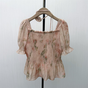 良月●2026夏季新品 法式方领碎花衬衫女小清新气质别致上衣9562
