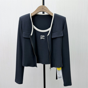 乂●2026春季新品 拉链长袖T恤女休闲简约内搭吊带两件套上衣1462