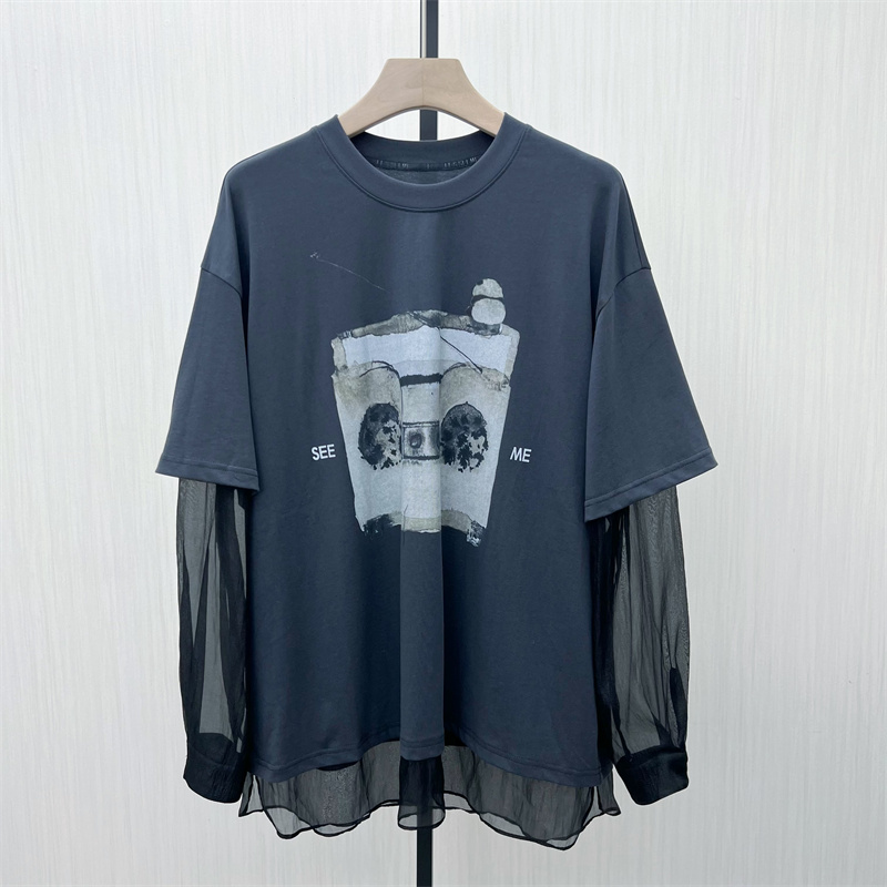 S●2025冬季新品 宽松印花假两件拼接网纱T恤女时尚百搭上衣055