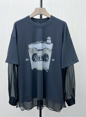 S●2025冬季新品 宽松印花假两件拼接网纱T恤女时尚百搭上衣055