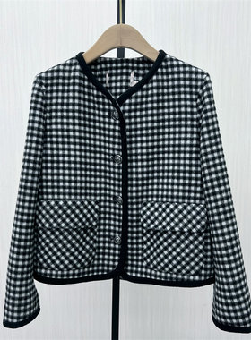 司●2025冬季新品 双面呢格纹大衣女气质短款绵羊毛呢子外套0660