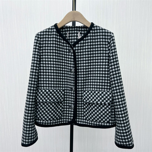 司●2025冬季新品 双面呢格纹大衣女气质短款绵羊毛呢子外套0660
