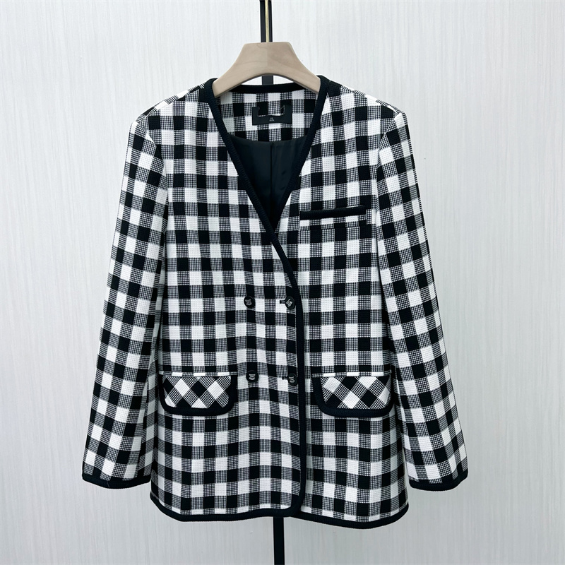 迪●2024冬季新品 格纹呢子大衣女宽松气质通勤西装毛呢外套1696