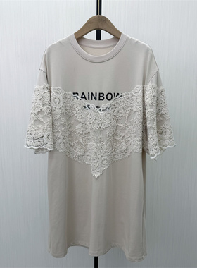 芭●2026夏季新品 短袖连衣裙女休闲宽松蕾丝拼接T恤裙3057