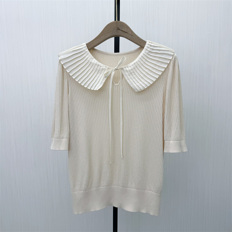 迪●2026春季新品 娃娃领短袖针织衫女气质甜美显瘦打底上衣3357