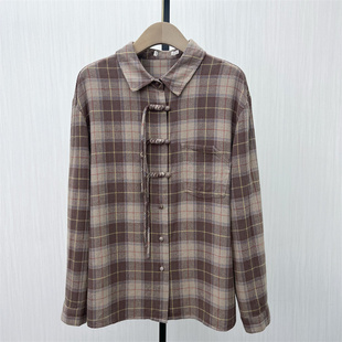 女复古盘扣休闲宽松百搭长袖 磨毛格纹衬衫 新 上衣1220 2025冬季