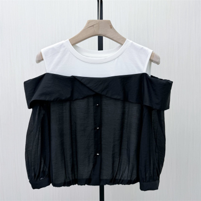 迪●2026夏季新品 假两件长袖上衣女时尚拼接休闲设计感衬衫6668