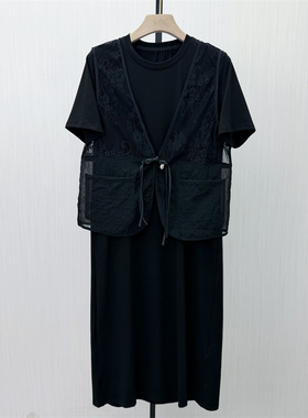 KA●2026夏季新品 连衣裙套装女宽松短袖T恤裙蕾丝马甲两件套6631