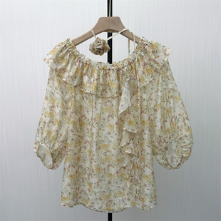 香●2026春季新品 一字领碎花衬衫女气质小清新别致短袖上衣1568