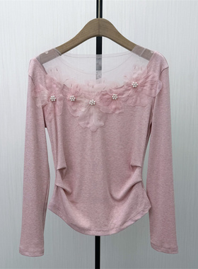 香●2026春季新品 长袖T恤女气质显瘦网纱拼接打底衫上衣1282