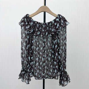 良月●2026春季新品 一字领碎花衬衫女气质清新别致长袖上衣9486