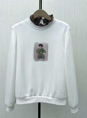 C●2025冬季新品 加绒印花套头卫衣女甜美木耳边立领长袖上衣1175