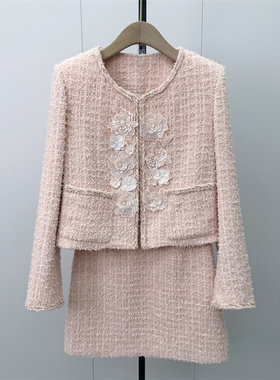 芭●2026秋季新品  千金风粗花呢西装外套+包臀短裙两件套套装322