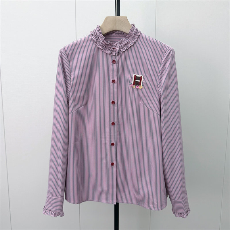 fei●2026冬季新品 木耳边条纹长袖衬衫女宽松休闲百搭上衣8033