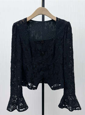 良月●2026春季新 镂空蕾丝长袖衬衫女法式复古气质淑女上衣8481