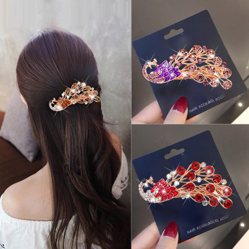 高级感化油孔雀横夹水钻发卡头饰后脑勺半扎弹簧夹子金属一字夹