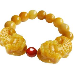 天然黄玉貔貅手链 黄玉双龙戏珠配红玛瑙手链 黄玉双貔貅手串