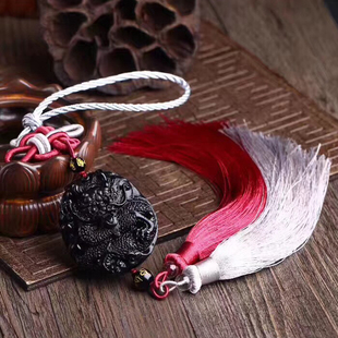 正品天然黑曜石龙牌车挂 手工雕刻黑曜石立体龙车挂流苏